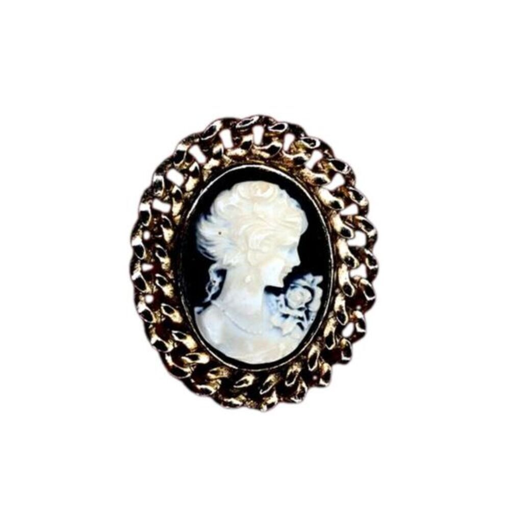 Vintage 80s Cameo Brooch Cadet Blue Gold Braid Regencycore Victorian Pin Classic